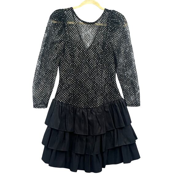 VTG 90s Black Mini Party Dress 9 Prom Puff Slv Tiered Witch Goth Grunge Punk Bow - Picture 1 of 16